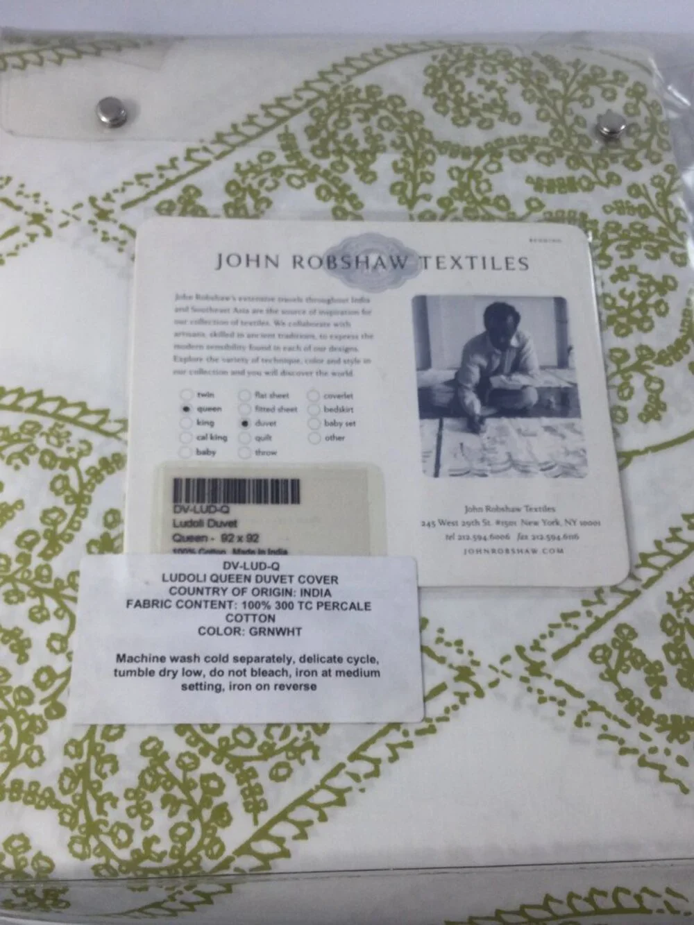 John Robshaw Ludoli Cotton Queen Duvet Cover Green White Paisley 92
